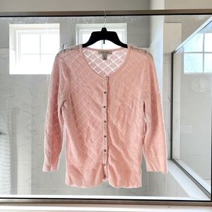 Pink 3/4 sleeve snap front sweater. Size L. Pre owned.